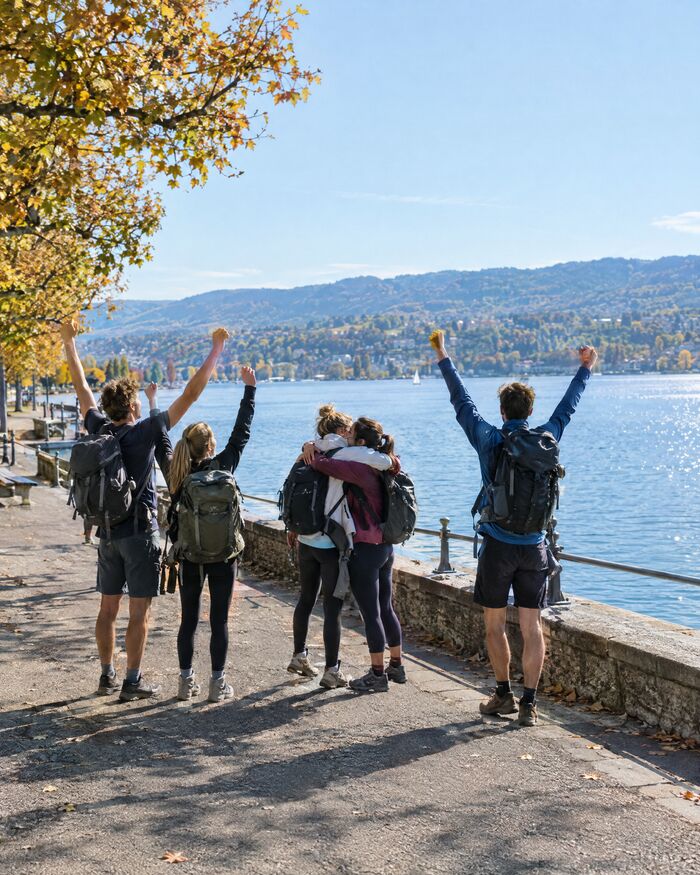 Eine Gruppe jubelt mit erhobenen Armen bei Sonnenschein an der Seepromenade
