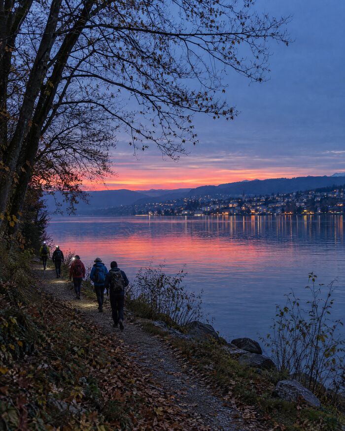 Mehrere Wandernde mit Stirnlampen am Seeufer in der Abenddämmerung